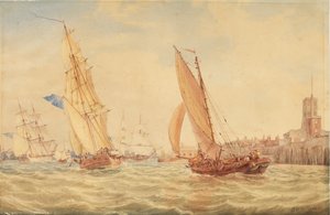 Trois sloops de guerre et un bateau de pêche entrant dans le port, Portsmouth, vers 1800-30